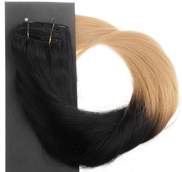 #1T22 Svart & Mörkblond - Classic Dip Dye äkta löshår remy clip-on